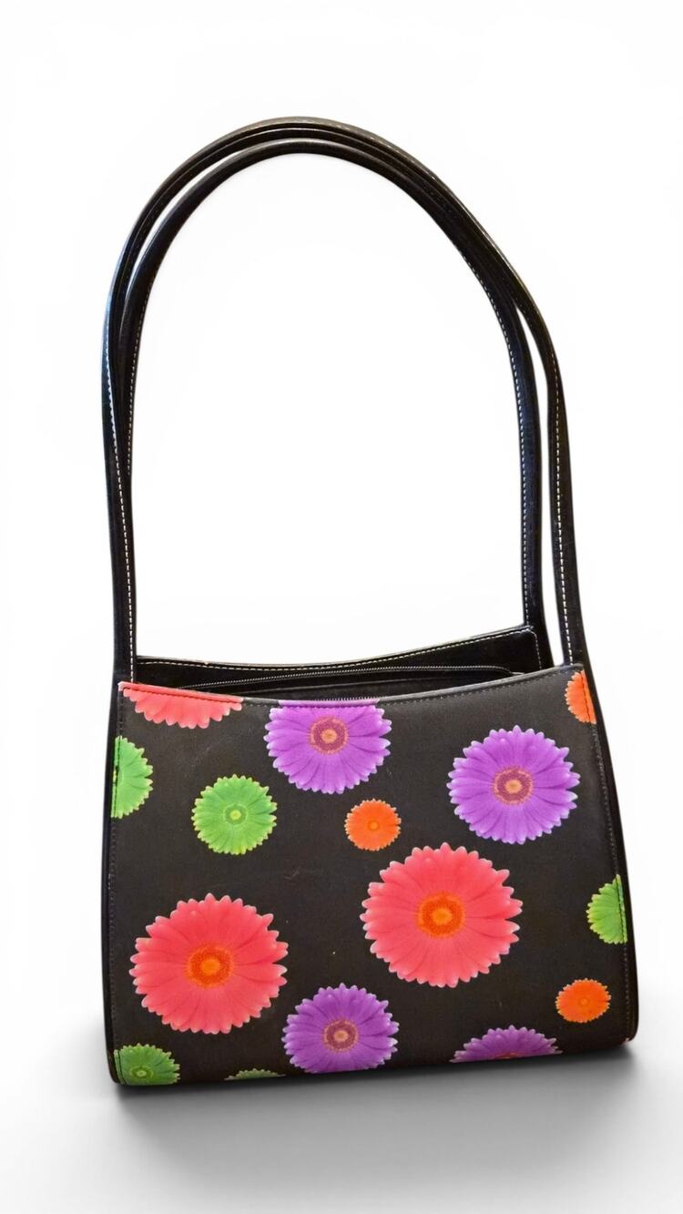Vintage Black Floral Handbag Colorful Daisy Print Shoulder Purse